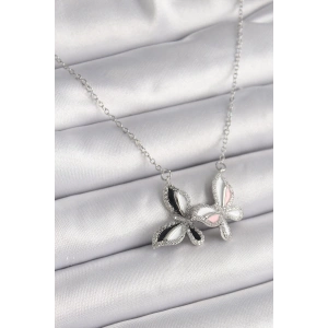 BFS 316L Çelik Gümüş Renk Zincir Zirkon Taşlı Renkli Kelebek Model Kadın Kolye