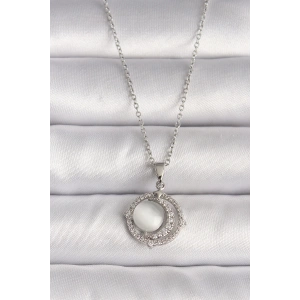 BFS 316L Çelik Gümüş Renk Zirkon Taşlı Beyaz Sedefli Hilal Model Kadın Kolye