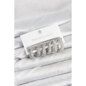BFS 316L Çelik Gümüş Renk Zirkon Taşlı Damla Halka Küpe Seti