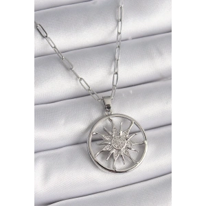 BFS 316L Çelik Gümüş Renk Zirkon Taşlı Güneş Madalyon Model Kadın Kolye