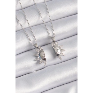 BFS 316L Çelik Gümüş Renk Zirkon Taşlı Güneş Model İşleme Yazı Detay Arkadaşlık Kolyesi