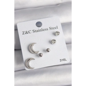 BFS 316L Çelik Gümüş Renk Zirkon Taşlı Hilal Model Kadın Küpe Seti