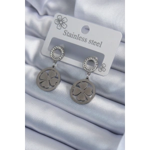 BFS 316L Çelik Gümüş Renk Zirkon Taşlı Yonca Model İşleme Detay Kadın Küpe