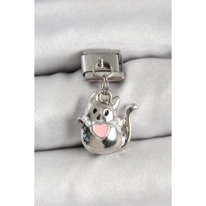 BFS 316L Çelik Sallantılı Kalp Detaylı Kedi Model Gümüş Renk Nomination Charm