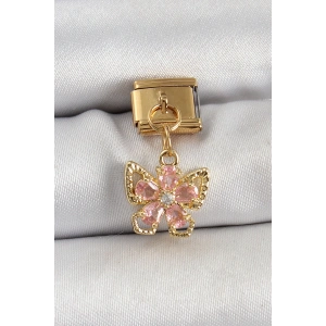 BFS 316L Çelik Sallantılı Zirkon Taşlı Çiçek Figürlü Kelebek Model Gold Renk Nomination Charm