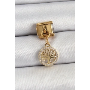 BFS 316L Çelik Sallantılı Zirkon Taşlı Hayat Ağacı Model Gold Renk Nomination Charm