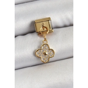 BFS 316L Çelik Sallantılı Zirkon Taşlı Yonca Model Gold Renk Nomination Charm