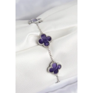 BFS 316L Çelik Sedefli Mor Gümüş Renk Yonca Kadın Bileklik