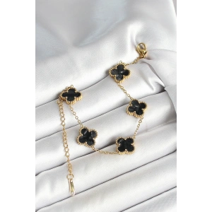 BFS 316L Çelik Sedefli Siyah Gold Renk Yonca Kadın Bileklik