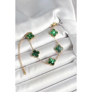 BFS 316L Çelik Sedefli Zümrüt Yeşil Gold Renk Yonca Kadın Bileklik