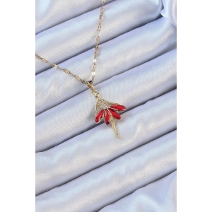 BFS 316L Çelik Zincir Altın Renk Kırmızı Etekli Zirkon Taşlı Balerin Kolye