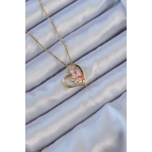 BFS 316L Çelik Zincir Altın Renk Mineli Kelebek Figür Zirkon Taşlı Kalp Kolye