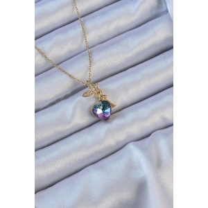 BFS 316L Çelik Zincir Altın Renk Mor Mavi Renk Zirkon Taşlı Kalp Detay Peri Kolye