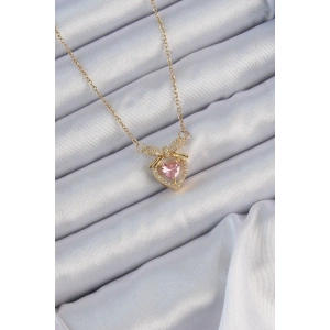 BFS 316L Çelik Zincir Altın Renk Pembe Zirkon Taşlı Fiyonklu Kalp Kolye