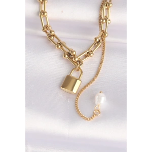 BFS 316L Çelik Zincir Altın Renk Zincirli Love Yazılı Kilit Kolye