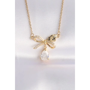 BFS 316L Çelik Zincir Altın Renk Zirkon Taşlı Damla Detay Fiyonk Kolye