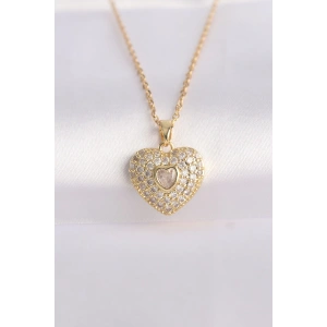 BFS 316L Çelik Zincir Altın Renk Zirkon Taşlı Kalp Kolye
