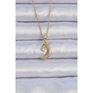 BFS 316L Çelik Zincir Altın Renk Zirkon Taşlı Sallantılı Ay Yıldız Kolye