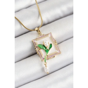 BFS 316L Çelik Zincir Beyaz Sanatsal Portre Sallantılı İnci Detaylı Lale Model Gold Renk Kadın Kolye