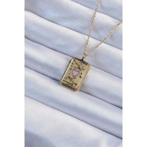BFS 316L Çelik Zincir Eskitme Altın Renk Pembe Mineli Kalp Figürlü Tarot Kolye