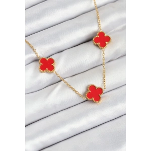BFS 316L Çelik Zincir Gold Kırmızı Renk Yonca Kadın Kolye