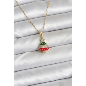 BFS 316L Çelik Zincir Gold Ren Çam Ağacı Model Zirkon Taşlı Yılbaşı Temalı Kadın Kolye