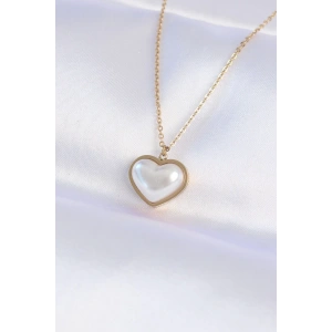 BFS 316L Çelik Zincir Gold Renk Beyaz Taşlı Bubble Kalp Kolye