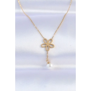 BFS 316L Çelik Zincir Gold Renk İnci Detay Çiçek Kolye