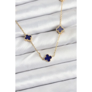 BFS 316L Çelik Zincir Gold Renk Lacivert Baby Boy Yonca Kadın Kolye