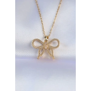 BFS 316L Çelik Zincir Gold Renk Zirkon Taşlı Fiyonk Kolye