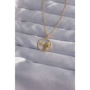 BFS 316L Çelik Zincir Gold Renk Zirkon Taşlı Yıldız Figürlü Oval Kolye