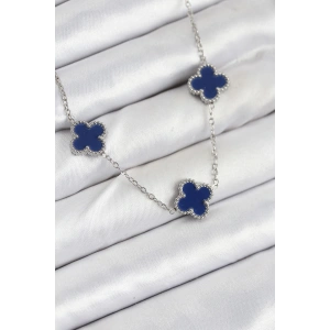 BFS 316L Çelik Zincir Gümüş Lacivert Renk Yonca Kadın Kolye