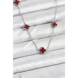 BFS 316L Çelik Zincir Gümüş Renk Bordo Baby Boy Yonca Kadın Kolye