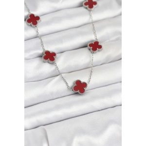 BFS 316L Çelik Zincir Gümüş Renk Bordo Renk Yonca Kadın Kolye