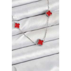 BFS 316L Çelik Zincir Gümüş Renk Kırmızı Baby Boy Yonca Kadın Kolye