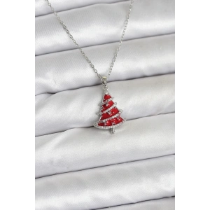 BFS 316L Çelik Zincir Gümüş Renk Kırmızı Çam Ağacı Model Yılbaşı Temalı Kadın Kolye