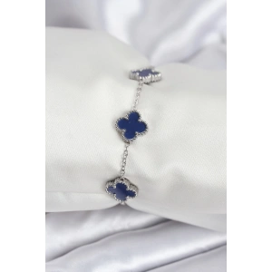 BFS 316L Çelik Zincir Gümüş Renk Lacivert Yonca Kadın Bileklik