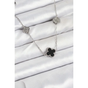 BFS 316L Çelik Zincir Gümüş Renk Siyah ve Zirkon Taşlı Yonca Kadın Kolye