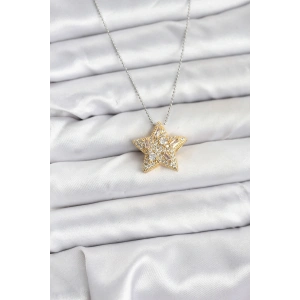 BFS 316L Çelik Zincir Gümüş Renk Zincirli Gold Yıldız Model Kadın Kolye