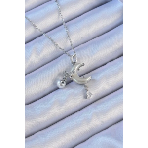 BFS 316L Çelik Zincir Gümüş Renk Zirkon Taşlı Kelebekli Mineli Ay Kolye