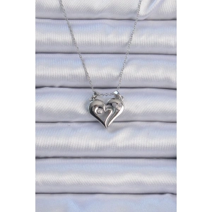 BFS 316L Çelik Zincir Gümüş Renk Zirkon Taşlı Mıknatıslı Kalp Kolye