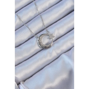 BFS 316L Çelik Zincir Gümüş Renk Zirkon Taşlı Motifli Ay Yıldız Kolye