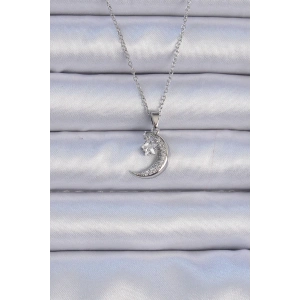 BFS 316L Çelik Zincir Gümüş Renk Zirkon Taşlı Sallantılı Ay Yıldız Kolye