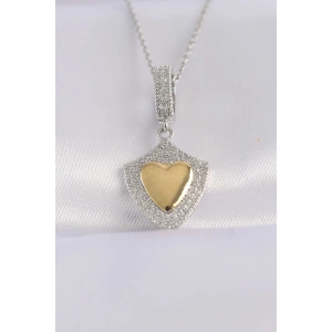 BFS 316L Çelik Zincir Gümüş Renk Zirkon Taşlı Tasarım Altın Renk Kalp Kolye