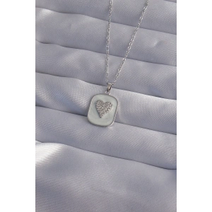 BFS 316L Çelik Zincir Mermer Desenli Gümüş Renk Zirkon Taşlı Kalp Model Kolye