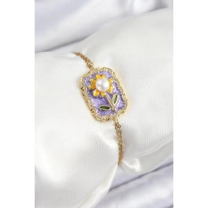 BFS 316L Çelik Zincir Mor Mineli Sanatsal Portre İnci Detaylı Papatya Model Gold Renk Kadın Bileklik