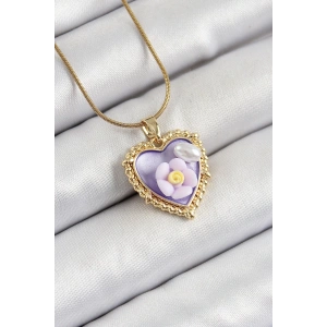 BFS 316L Çelik Zincir Mor Sanatsal Portre İnci Detaylı Papatya Figürlü Kalp Model Gold Renk Kadın Kolye