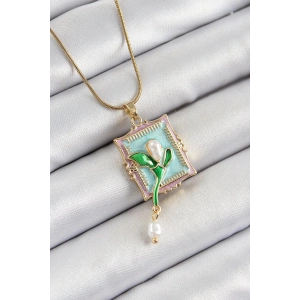 BFS 316L Çelik Zincir Turkuaz Sanatsal Portre Sallantılı İnci Detaylı Lale Model Gold Renk Kadın Kolye