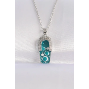 BFS 316L Çelik Zincir Zirkon Taşlı Gümüş Renk Nazarlı Terlik Tasarımlı Kolye