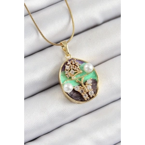 BFS 316L Çelik Zincir Zirkon Taşlı Yeşil Mor Sanatsal Portre İnci Detaylı Ağaç Ve Kelebek Figürlü Model Gold Renk Kadın Kolye